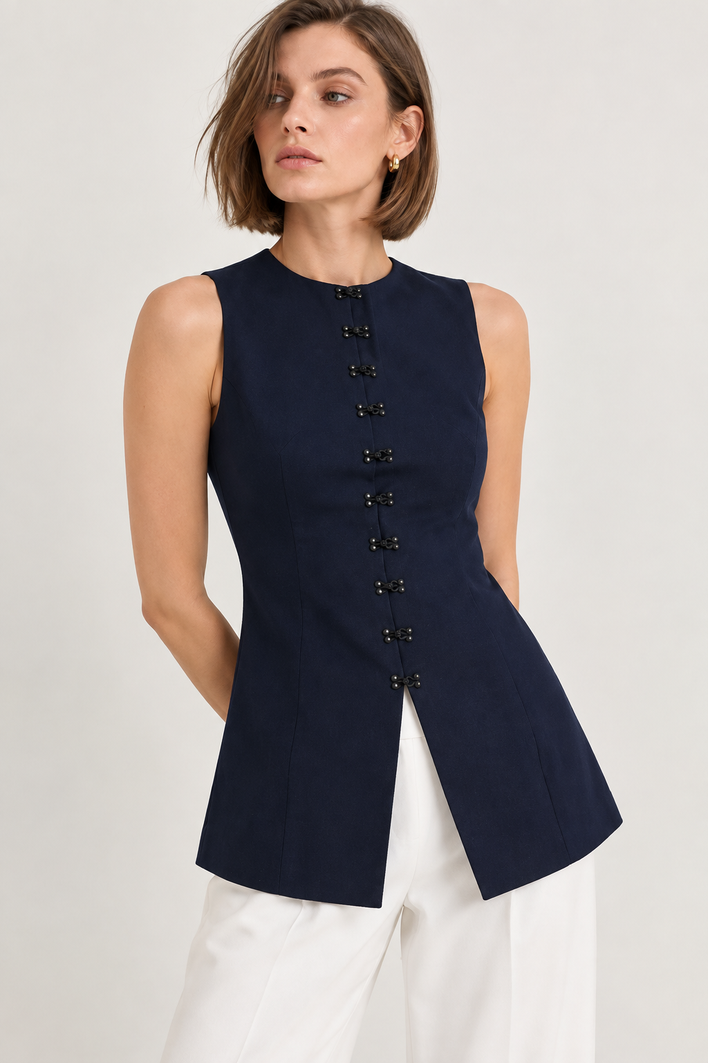 Women’s Navy Blue Cotton Mandarin Collar Top