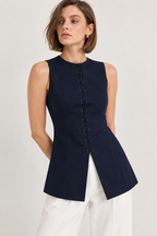 Women’s Navy Blue Cotton Mandarin Collar Top