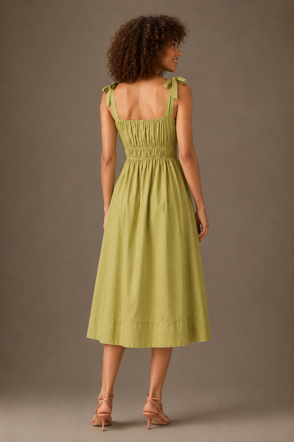 Olive Green Cotton Smocked Midi Dress