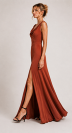 Rust Orange Heavy Crepe Draped Neck Maxi Dress with Front Slit