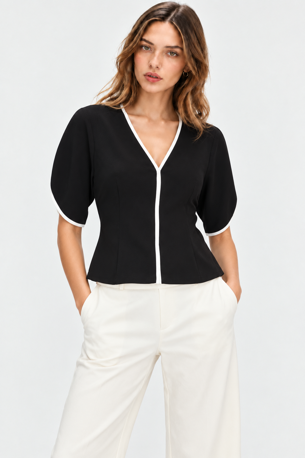 Women’s Black Polyester V-Neck Top