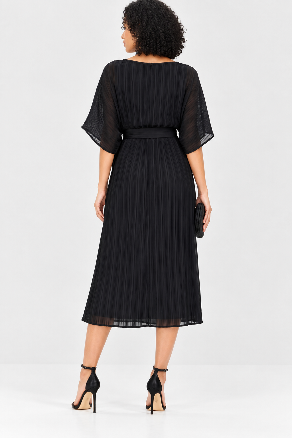 Black Poly Chiffon Lurex Stripe Pleated Midi Dress