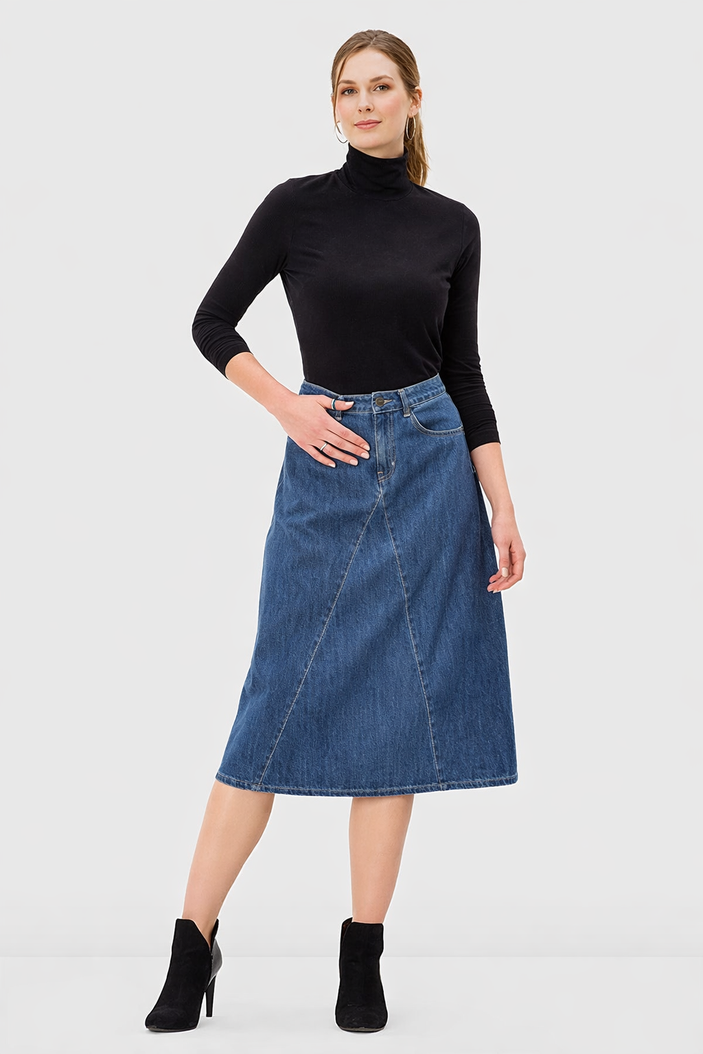 Pieced Cotton Denim Flared Skirt