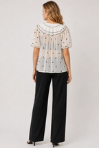 White Polyester Polka Dot Scalloped Collar Pleated Detail Puff Sleeve Top