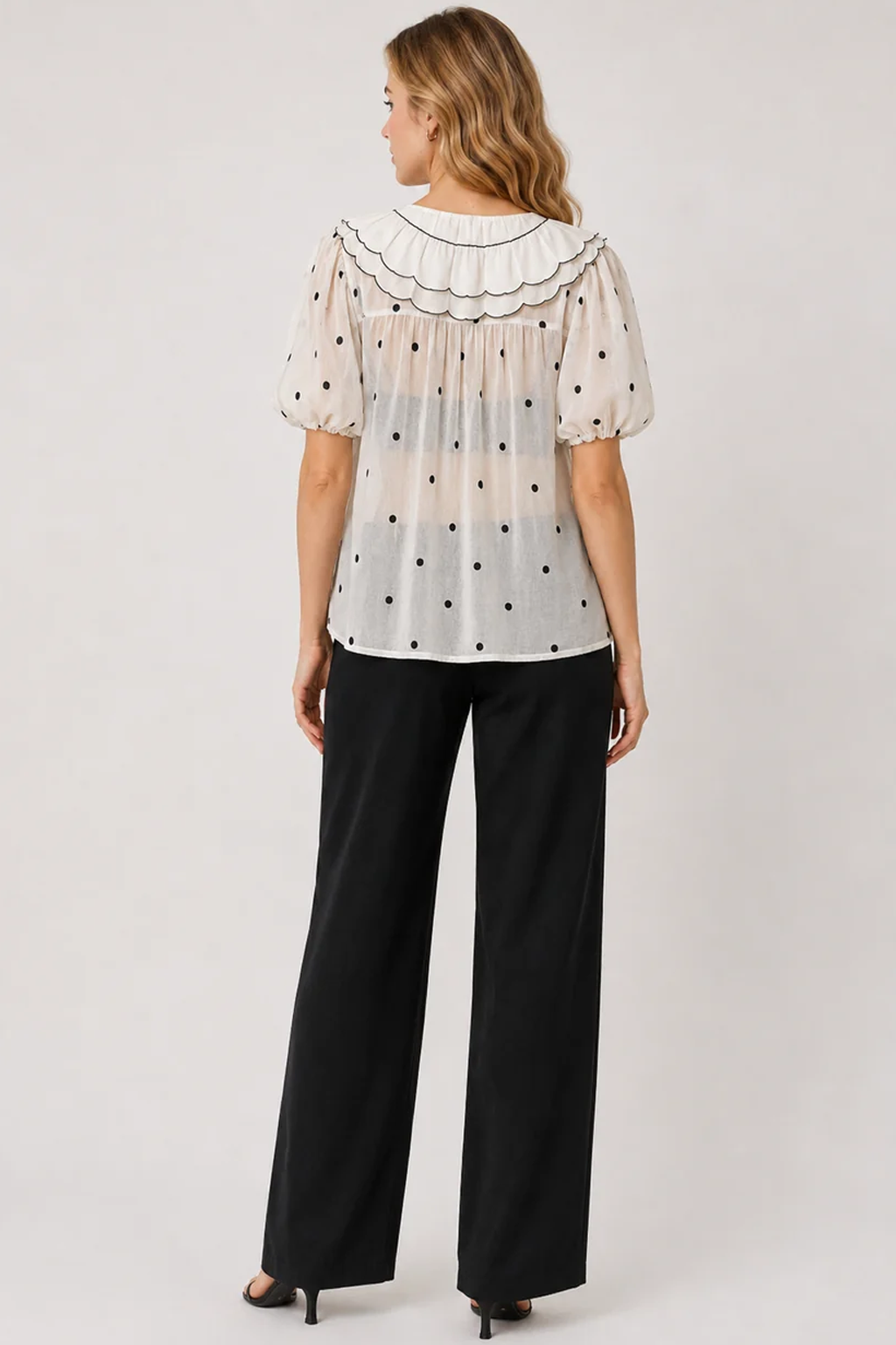 White Polyester Polka Dot Scalloped Collar Pleated Detail Puff Sleeve Top