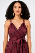 Bow Tie Ribbon Print Crepe Strappy Surplice Dress