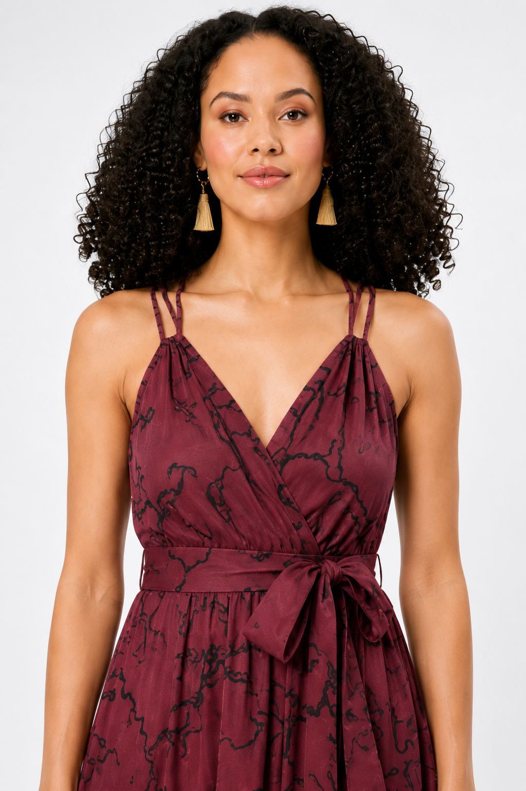 Bow Tie Ribbon Print Crepe Strappy Surplice Dress
