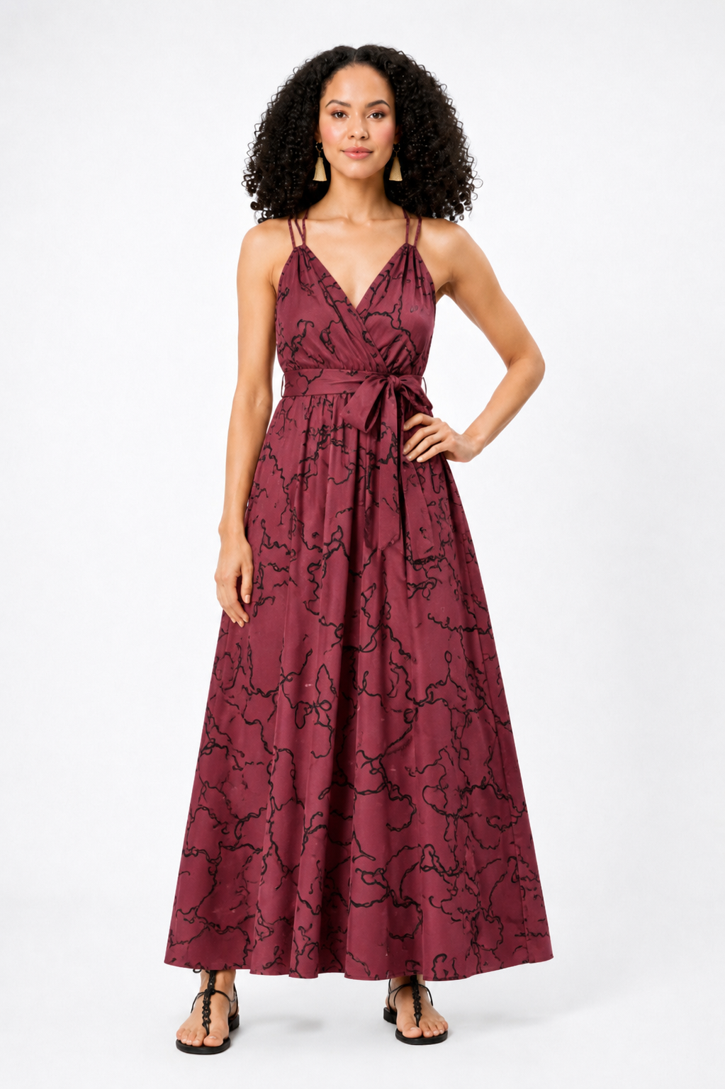 Bow Tie Ribbon Print Crepe Strappy Surplice Dress