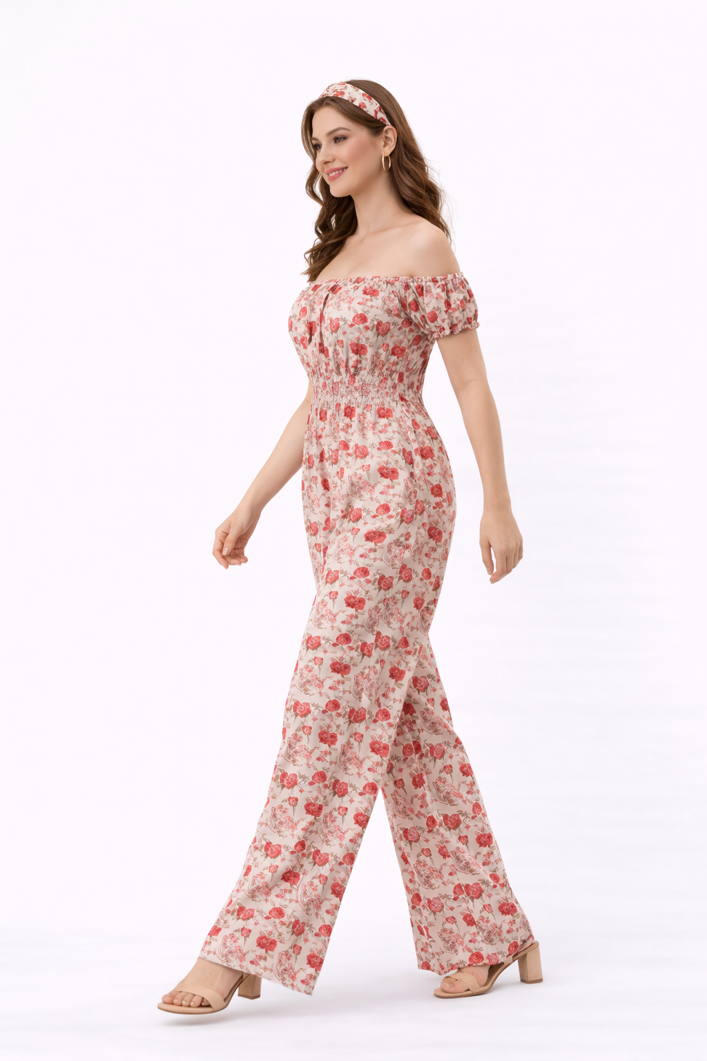 Floral Print Cotton Poplin Smocked Waist Jumpsuit