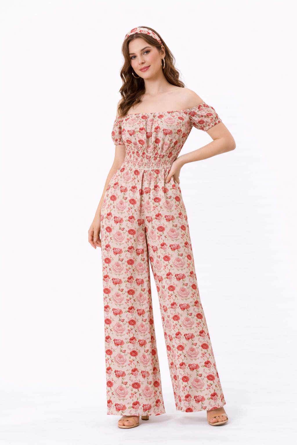 Floral Print Cotton Poplin Smocked Waist Jumpsuit