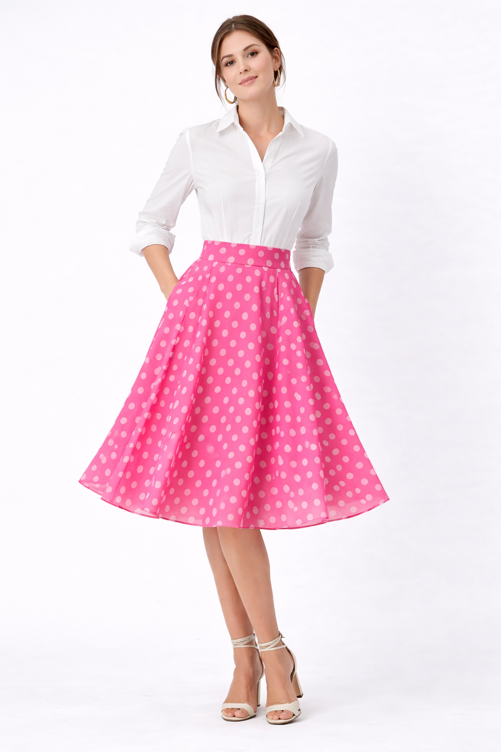 Polka Dot Print Georgette Belted Skirt