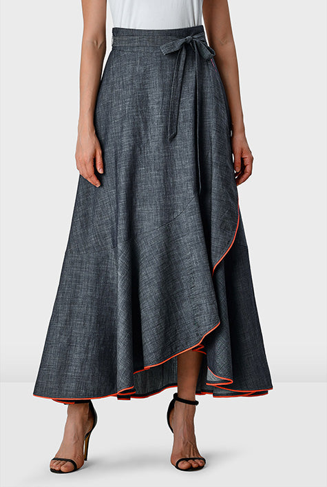 Contrast trim cotton chambray faux wrap skirt with tie waist and ruffled hem
