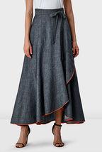 Contrast trim cotton chambray faux wrap skirt with tie waist and ruffled hem