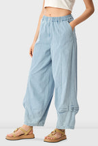 Cotton Denim Shirred Wide Leg Jeans