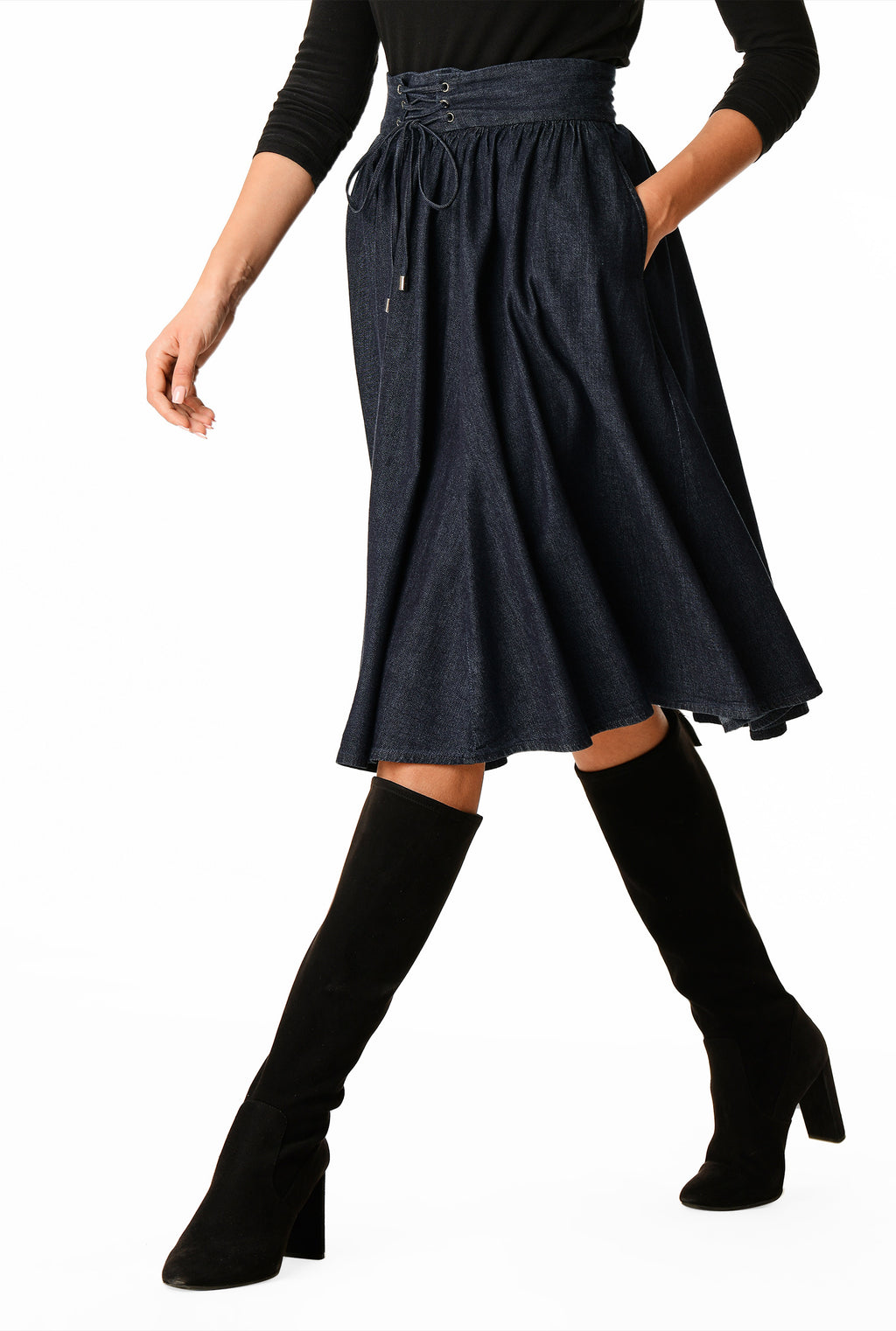 Lace-Up Front Cotton Denim Skirt