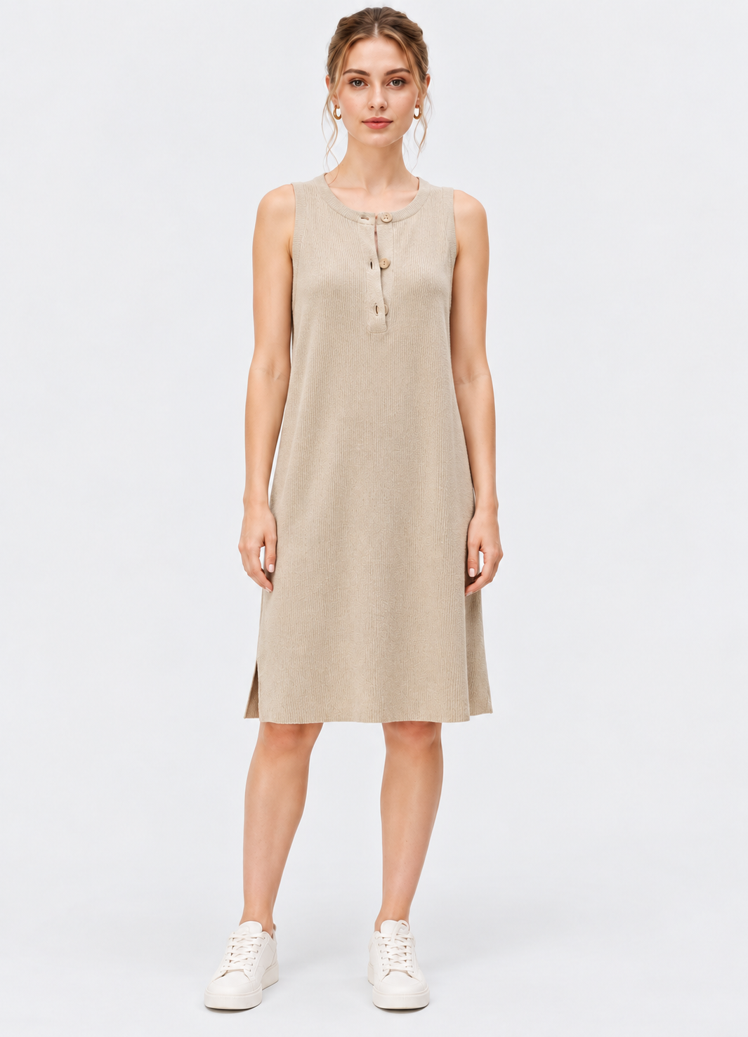 women's beige linen cotton rib knit button-front dress with three-quarter sleeves