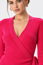 women's pink cotton rib knit wrap cardigan with v-neck and tie waist