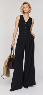 women's black poly viscose sleeveless wide-leg jumpsuit