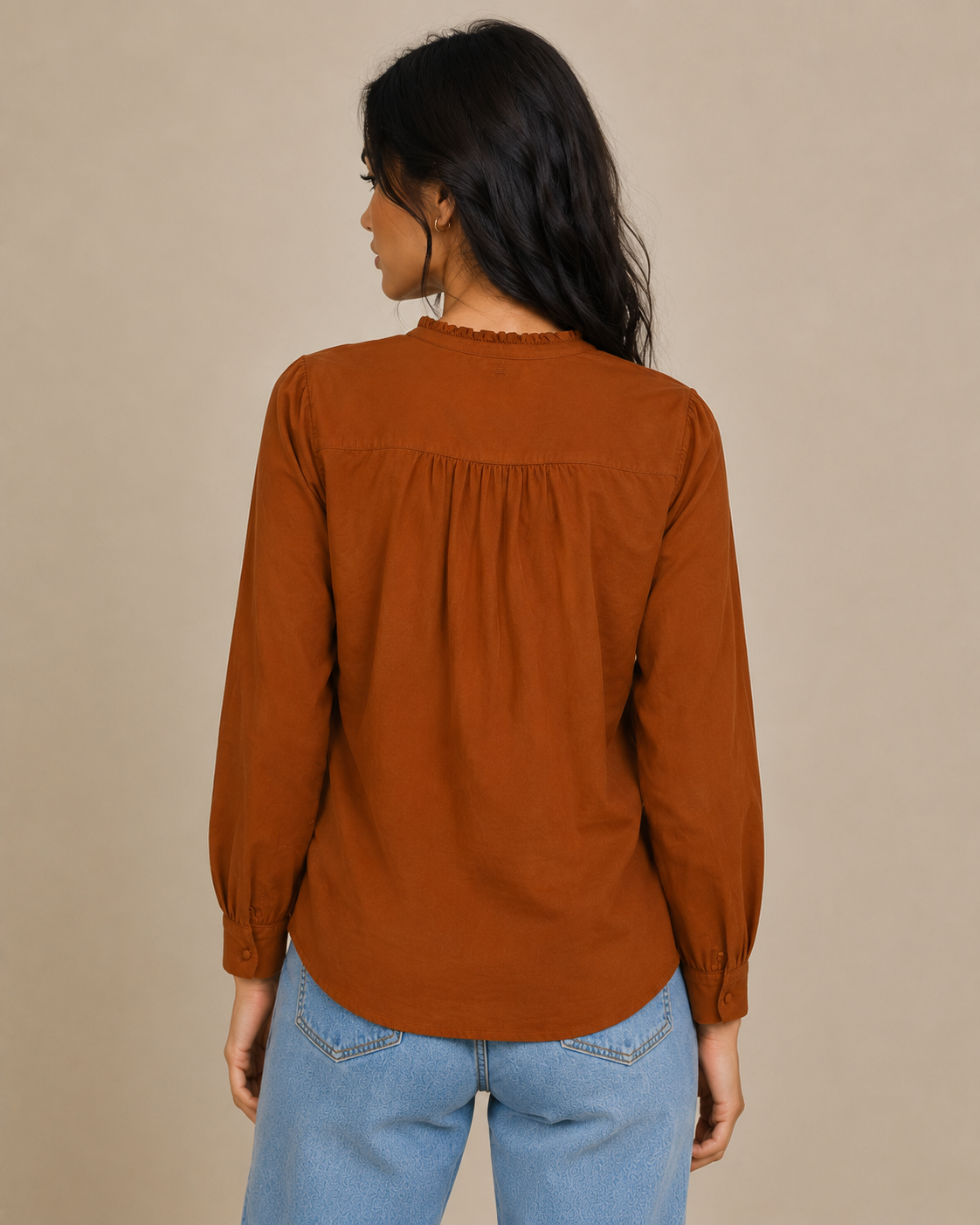 Women’s Rust Cotton Pintuck Button-Front Blouse