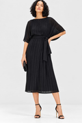 Black Poly Chiffon Lurex Stripe Pleated Midi Dress