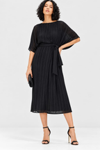 Black Poly Chiffon Lurex Stripe Pleated Midi Dress