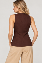 women's brown polyester viscose tailored waistcoat with pearl button detailing