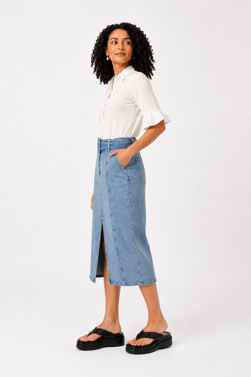 Belted Denim Midi Pencil Skirt