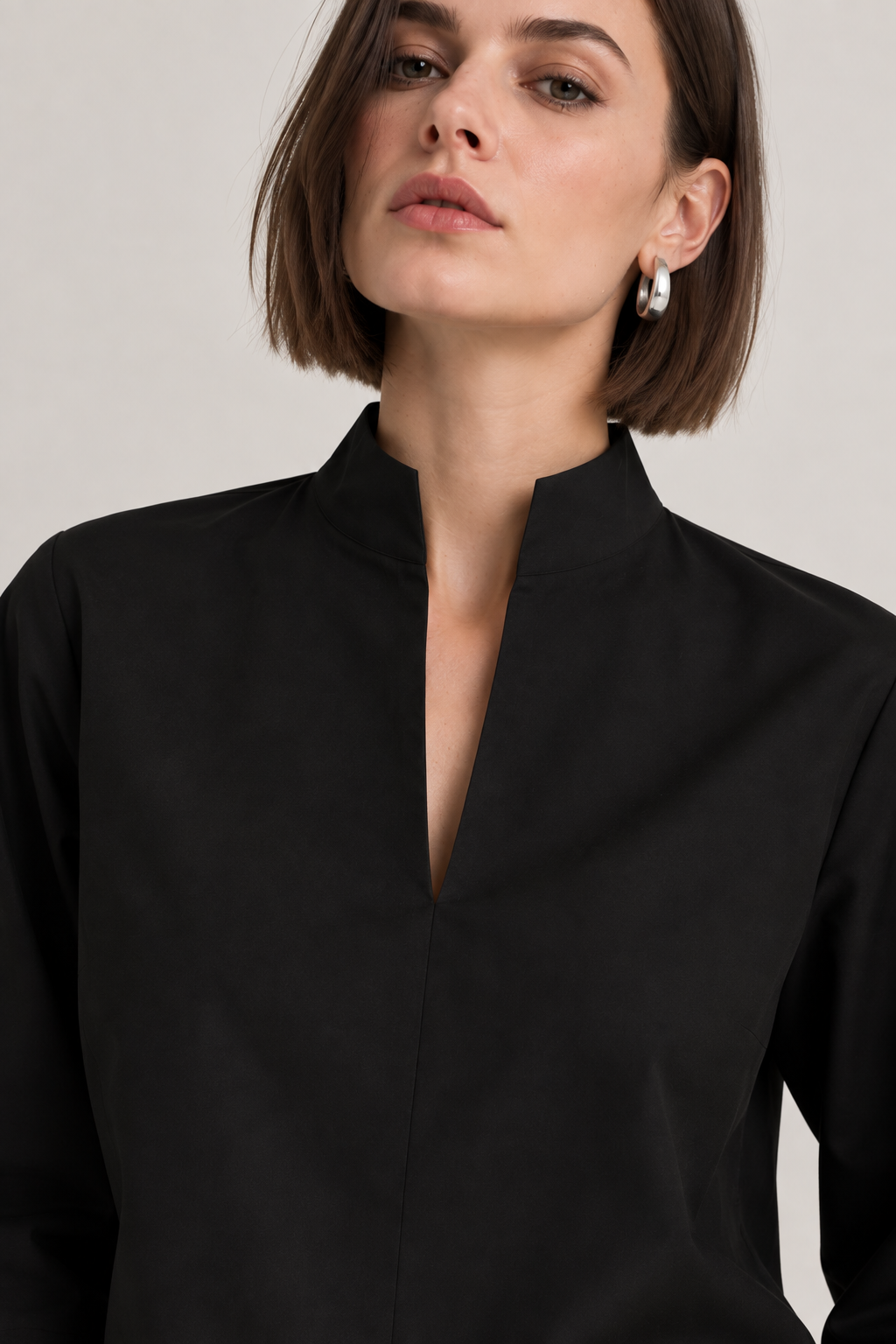 Women’s Black Cotton Mandarin Collar Top