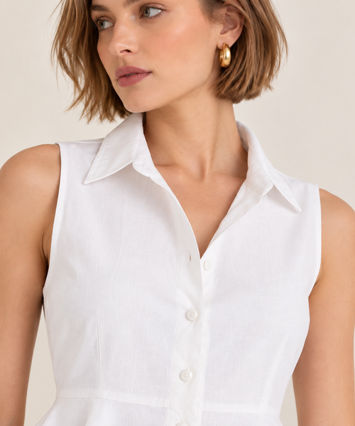White Cotton Sleeveless Peplum Shirt
