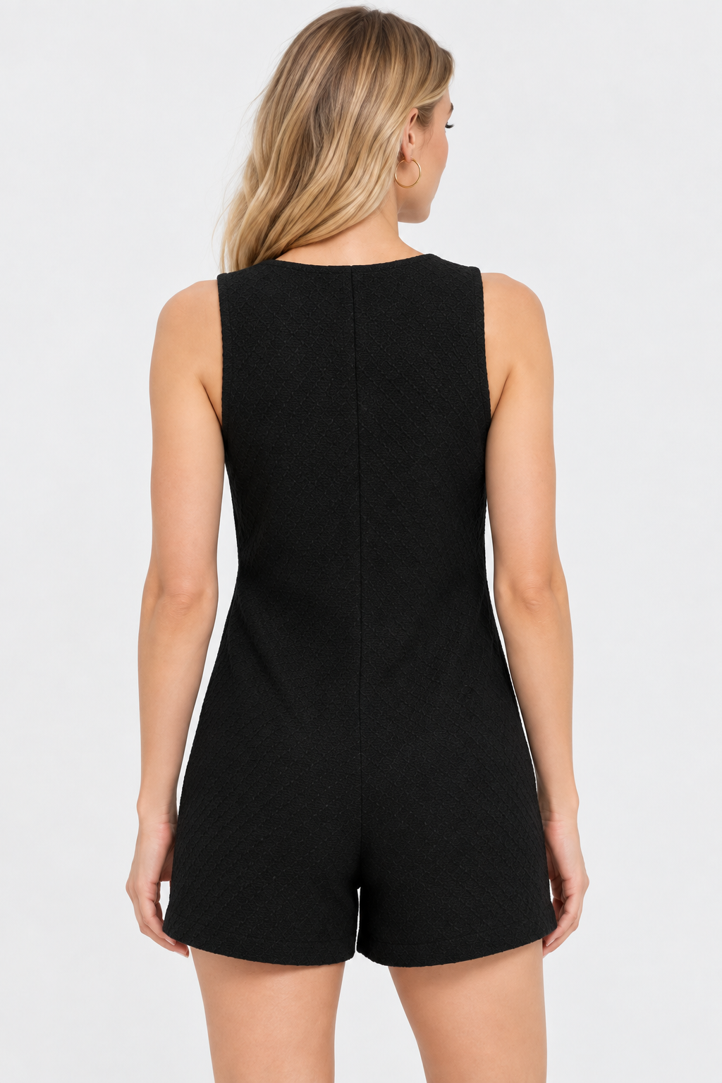 women's black polyester v-neck sleeveless button-front romper with utility pockets