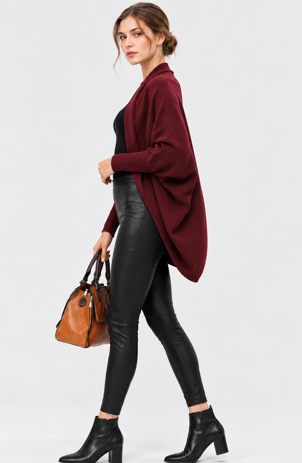women's burgundy wool cashmere open front cape cardigan