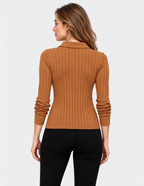 women's camel brown linen cotton rib knit collared tie-front top