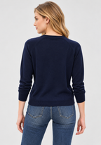 Women's Navy Blue Wool Knit Sweater with Crew Neck and Raglan Long Sleeves