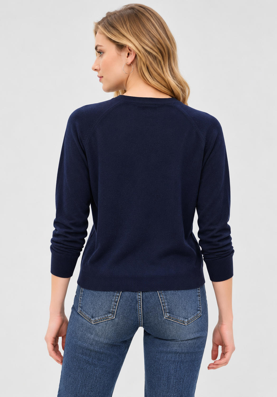 Women's Navy Blue Wool Knit Sweater with Crew Neck and Raglan Long Sleeves