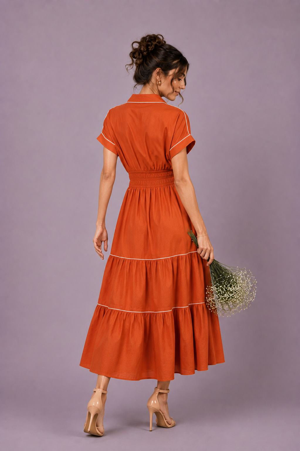 Rust Orange Cotton Tiered Midi Dress
