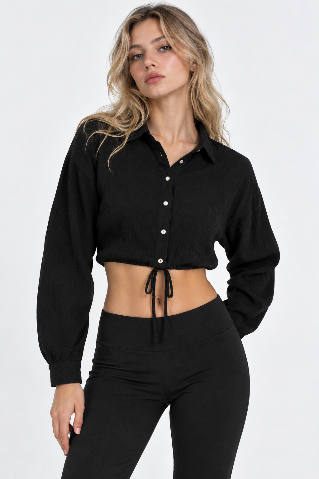 Women’s Black Cotton Cropped Button-Down Shirt