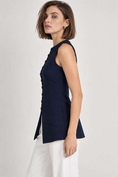 Women’s Navy Blue Cotton Mandarin Collar Top