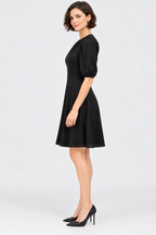 women’s black poly crepe puff sleeve mini dress