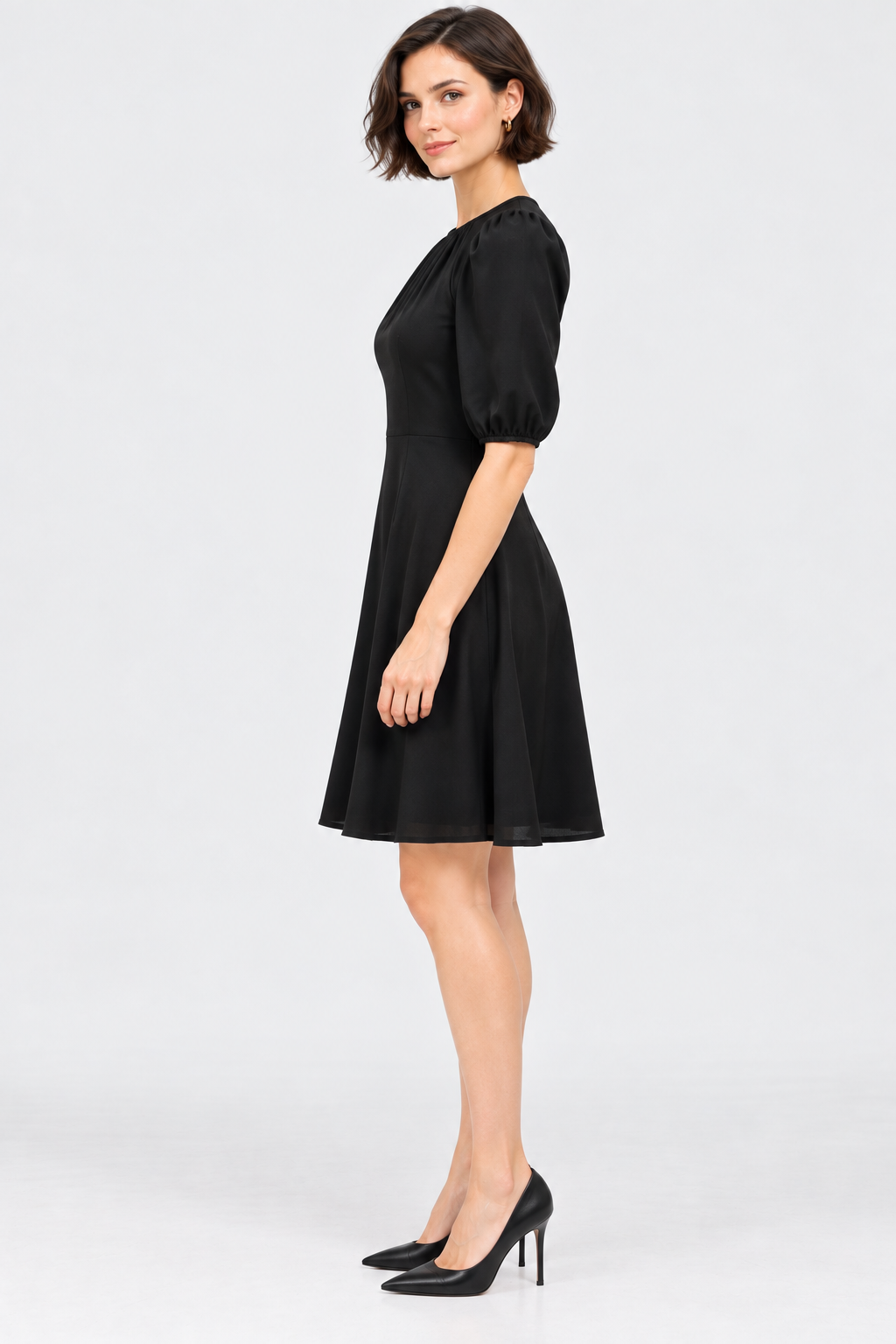 women’s black poly crepe puff sleeve mini dress