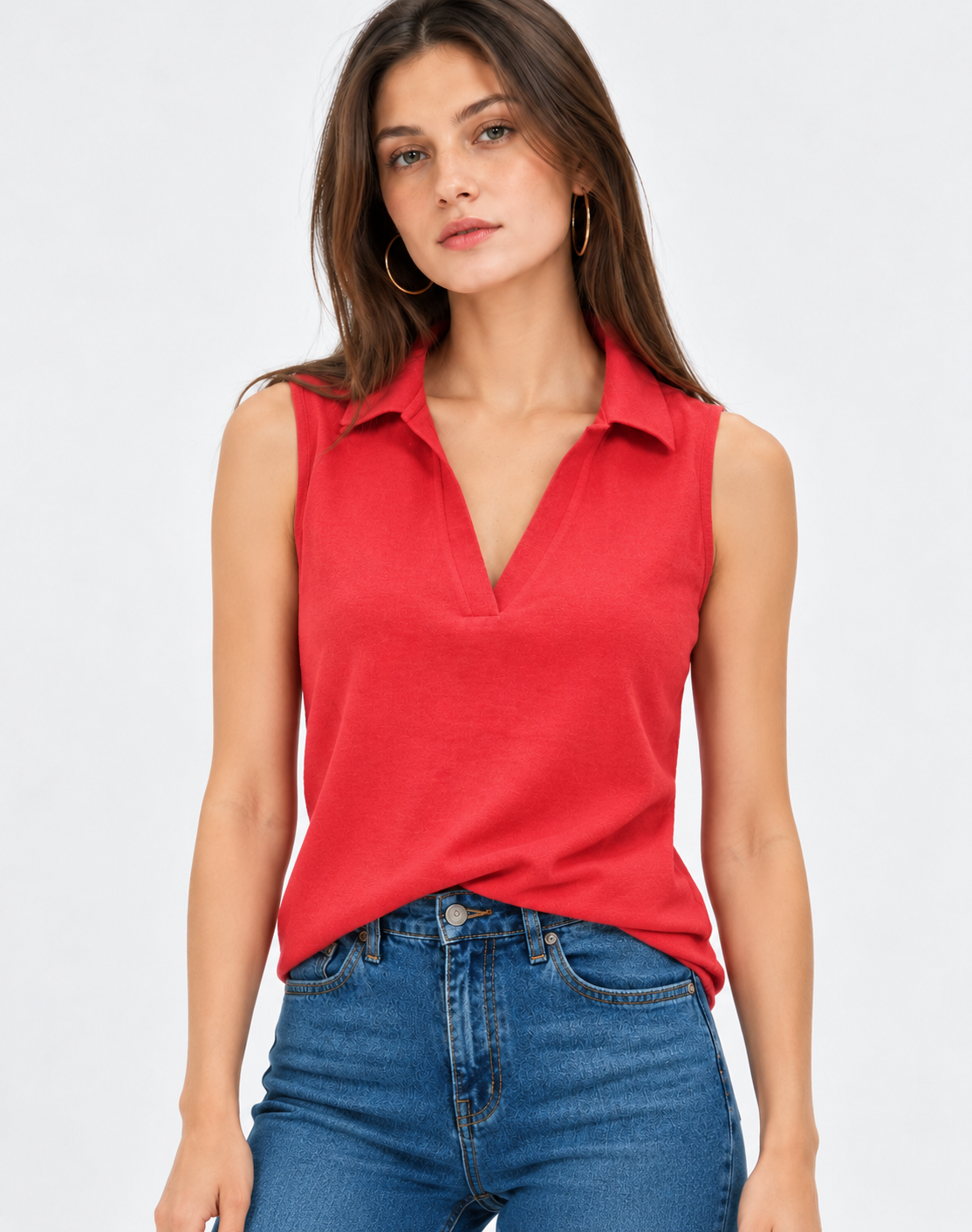 Red Linen Blend Knit Top for Women