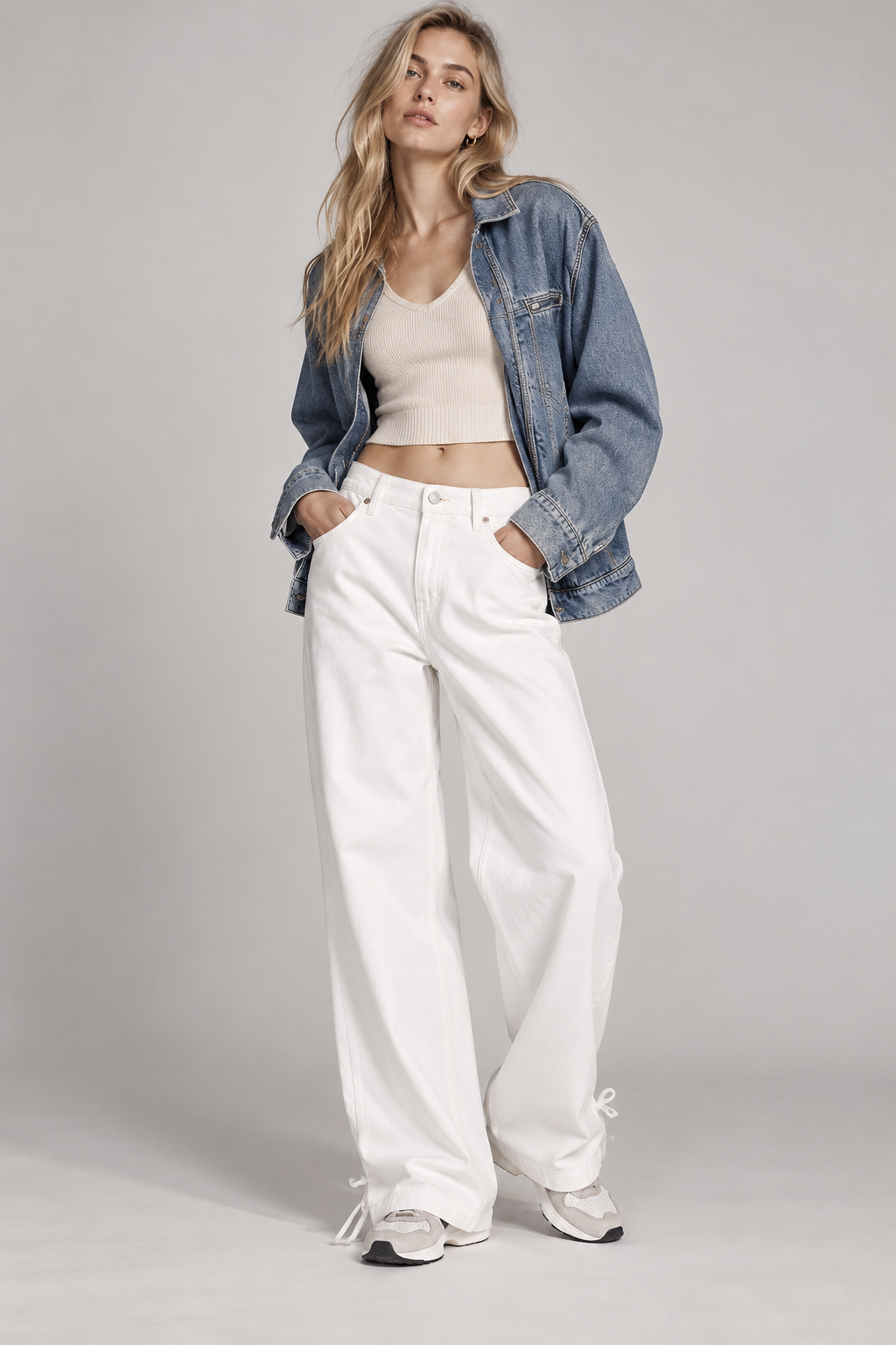 women's white wide-leg denim pants with ankle tie detail