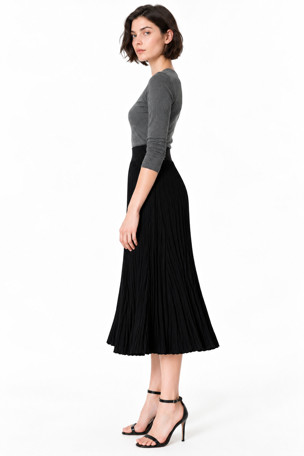 women's black wool blend pleated midi skirt with high waist