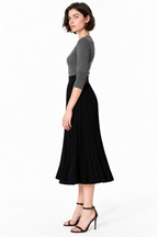 women's black wool blend pleated midi skirt with high waist