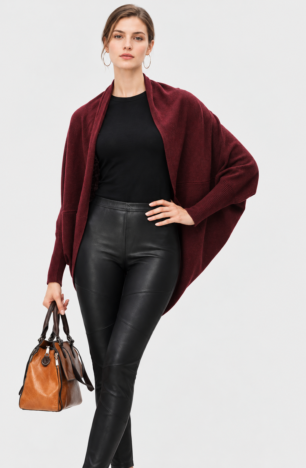 women's burgundy wool cashmere open front cape cardigan