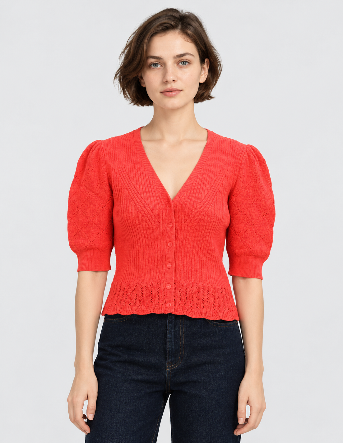 women's coral red cotton knit cardigan with puff sleeves and button-front closure