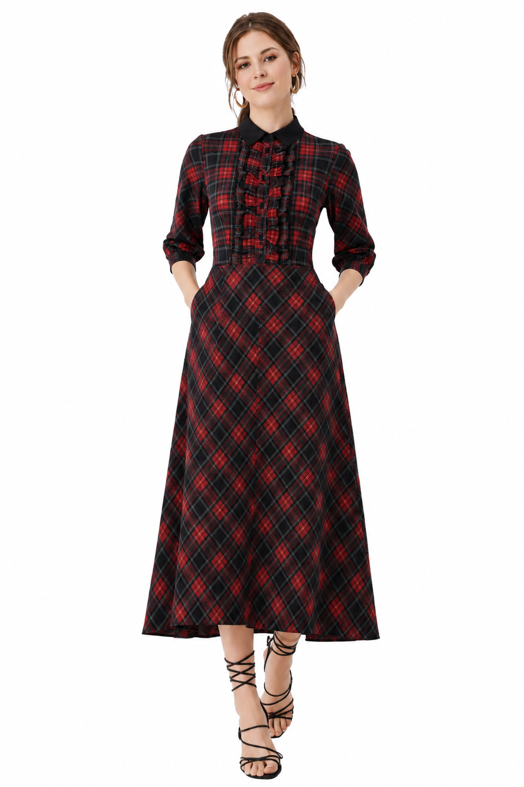 Ruffle Check Print Crepe Maxi Shirtdress