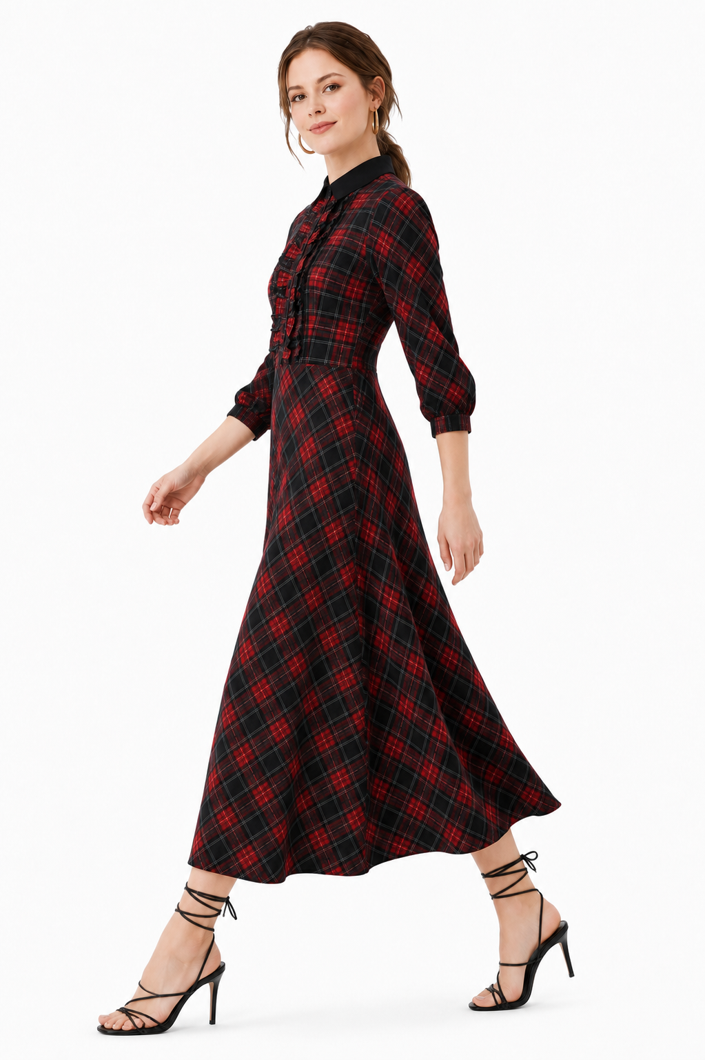 Ruffle Check Print Crepe Maxi Shirtdress