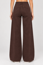 women's brown cotton lycra wide-leg jeans with high-rise fit