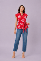 Ruffle Trim Floral Print Georgette Peplum Blouse