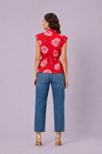 Ruffle Trim Floral Print Georgette Peplum Blouse